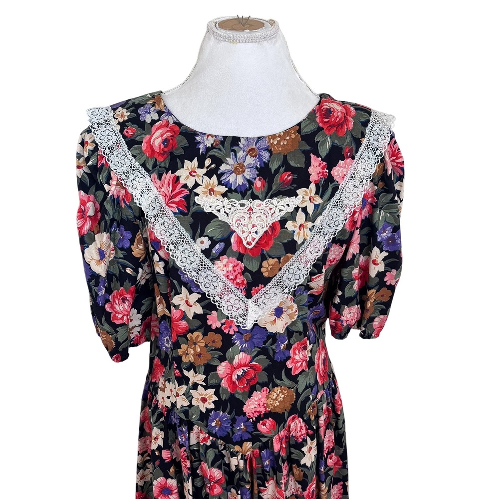 Glenfrey Vintage 80s Cottagecore Basque Waist Midi Dress Size 18 Floral Modest - Picture 2 of 11